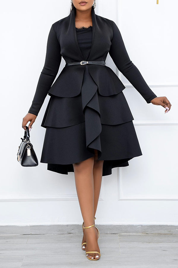 Elegant Solid Color Long Sleeved Ruffled Plus Size Midi Dress