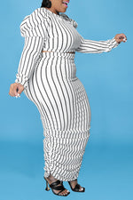 Temperament Stripe Print Puff Sleeve Pleated Plus Size Dress Suits