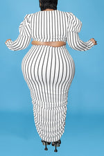 Temperament Stripe Print Puff Sleeve Pleated Plus Size Dress Suits