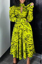 Fashion Zebra Print High Neck Tie Puff Sleeve Maxi Dress