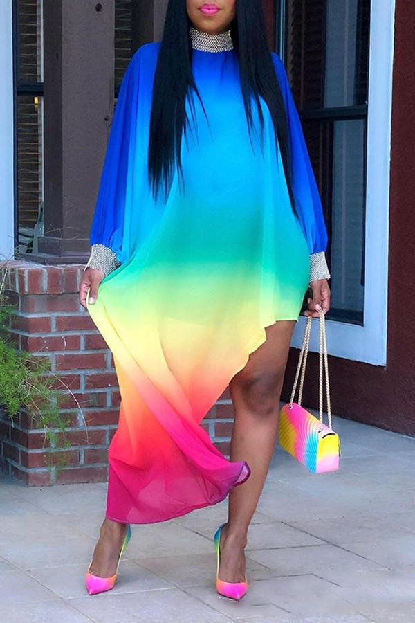 Colorful Irregular Long Sleeved Loose Midi Dress