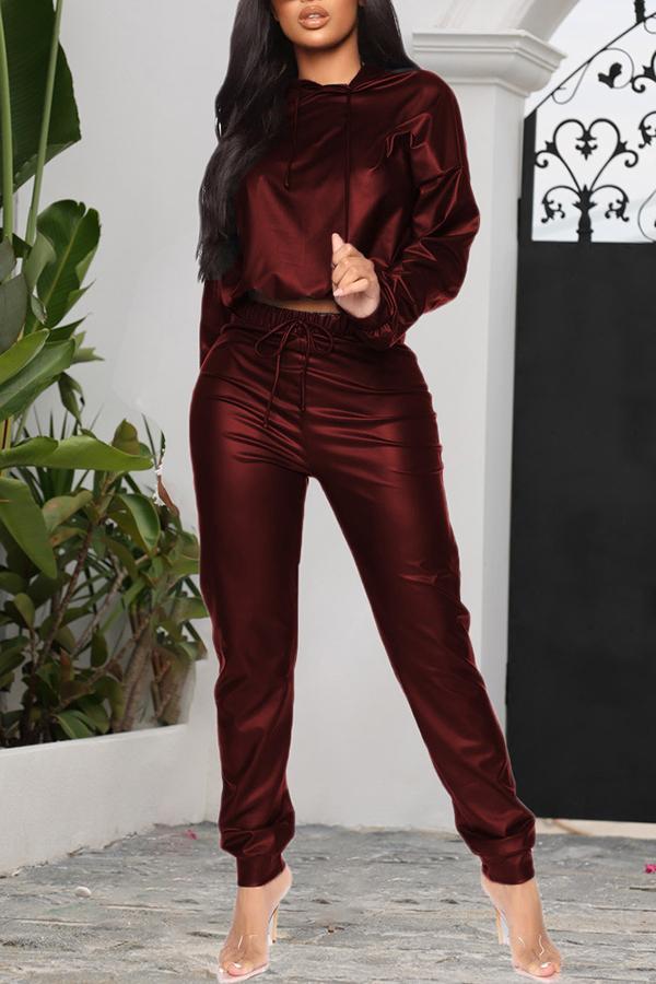 Street Synthetic PU Loose Hooded Two Piece Pant Suits