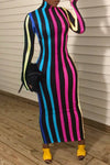 Colorful Striped High Neck Slim Long Sleeve Maxi Dress