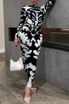 Sexy Long Sleeved Printed Slim Backless Stretch Maxi Dress