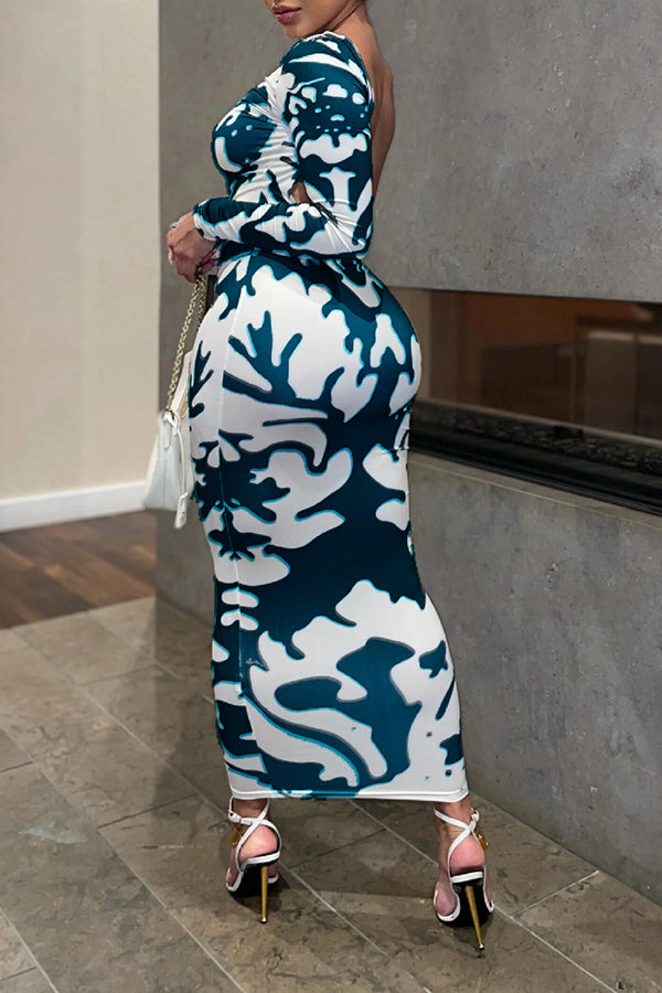 Sexy Long Sleeved Printed Slim Backless Stretch Maxi Dress