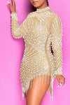 Sexy Mesh See Through Patch Rhinestone Fringe Irregular Mini Dress