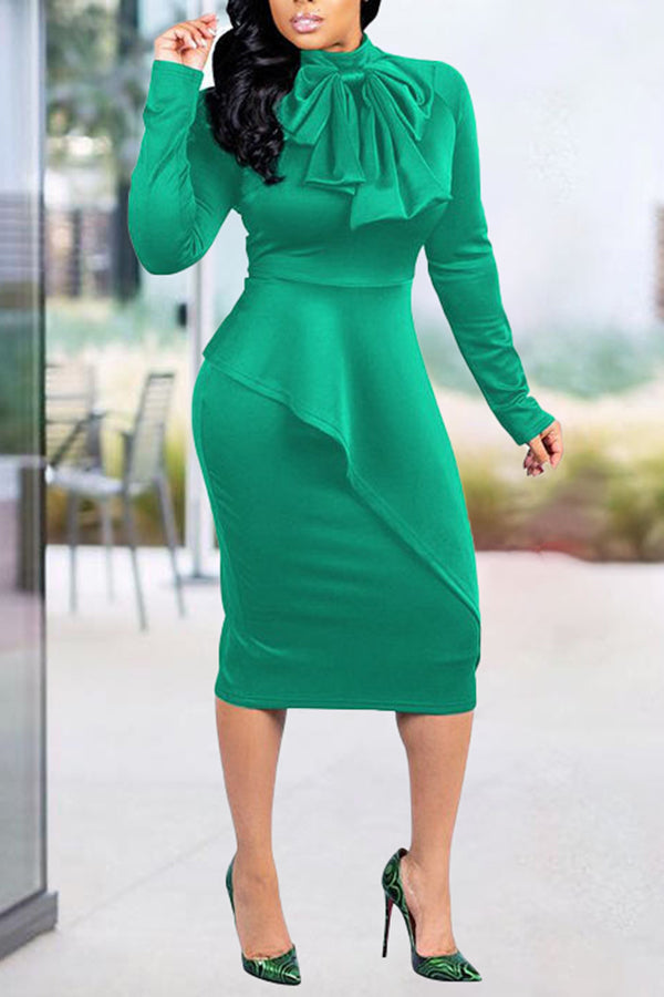 Classic Slim Fit Solid Color Tie Long Sleeved Plus Size Midi Dress