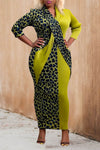 Fashion Leopard Print Stitching Long Sleeve Plus Size Maxi Dress