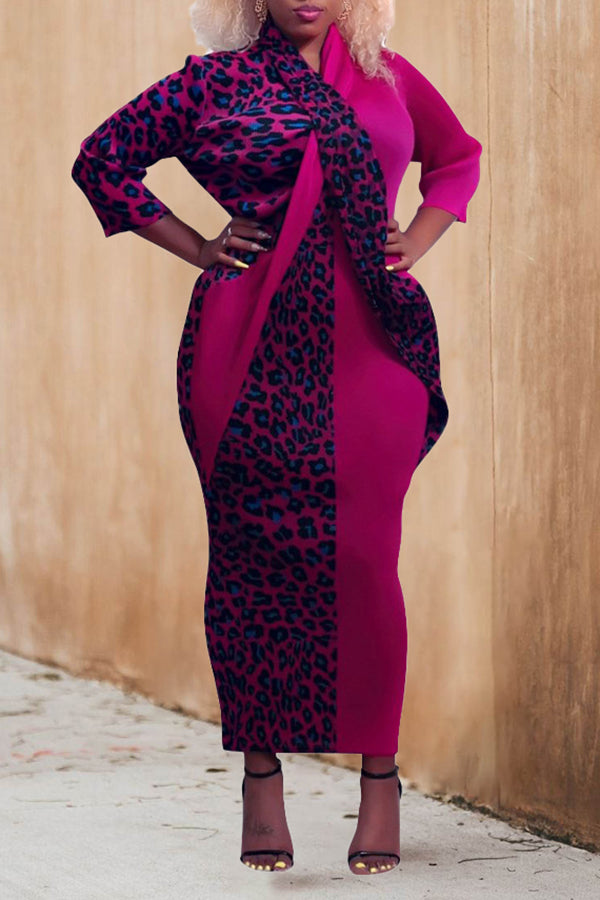 Fashion Leopard Print Stitching Long Sleeve Plus Size Maxi Dress