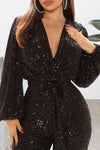 Sexy V-neck Sequin Lace Up Long Sleeve Wide Leg Jumpsuit