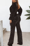Sexy V-neck Sequin Lace Up Long Sleeve Wide Leg Jumpsuit