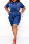 Casual Bead Decoration Single Breasted Lace Up Denim Rompers