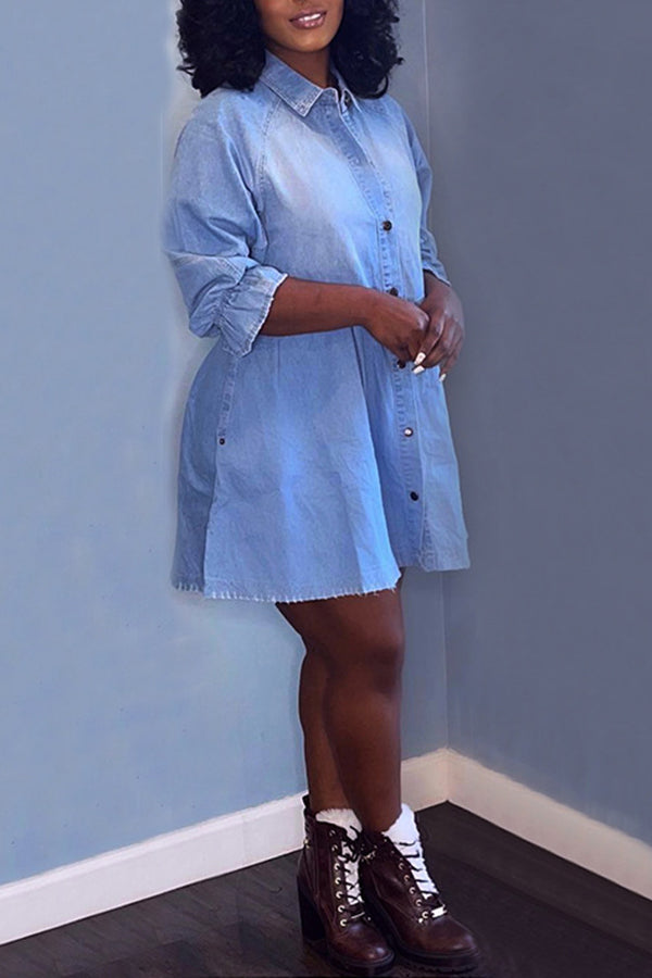 Casual Single Breasted Half Sleeve Shirt Collar Denim Mini Dress