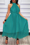 Temperament Solid Color Lace Up Sleeveless Pleated Maxi Dress
