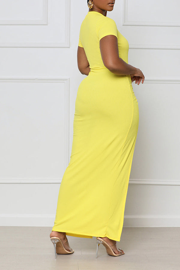 Simple Solid Color Short Sleeve Drawstring High Slit Maxi Dress