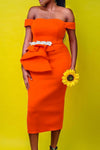 Elegant Solid Color Off Shoulder Slim Fit Ruffle Midi Dress