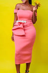 Elegant Solid Color Off Shoulder Slim Fit Ruffle Midi Dress