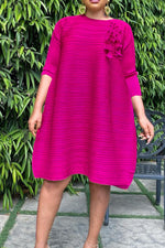 Temperament Solid Color Half Sleeve Loose Pleated Midi Dress