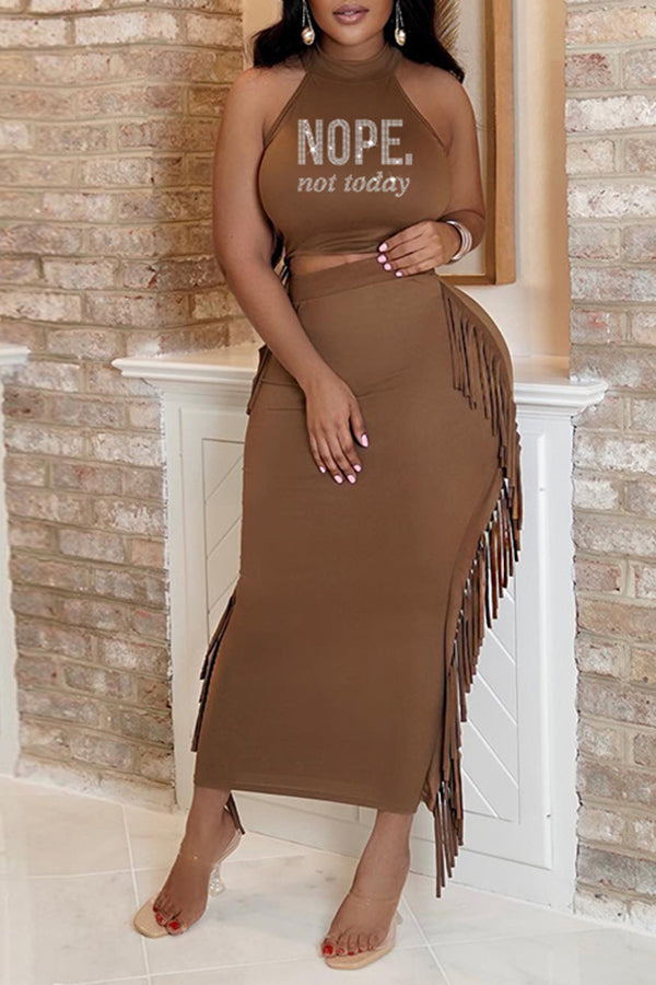 Casual Hot Drill Vest Fringed Long Skirt  Two Piece Suits