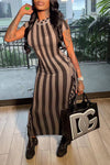 Fashion Stripe Print Short Sleeve Tassels Slim Fit Maxi Dress