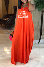 Casual Letter Print Backless Halter Loose Maxi Dress