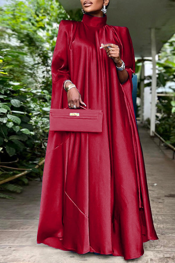 Elegant Satin Solid Color Stand Collar Wide Shoulder Maxi Dress