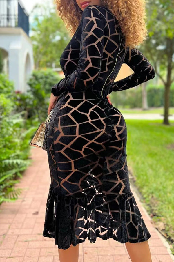 Sexy Sheer Velvet Slim Fit Long Sleeve Fishtail Midi Dress
