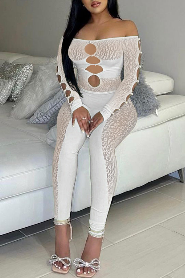 Sexy Off Shoulder Sheer Leopard Print Pearl Buckle Chest Cutout Jumpsuits