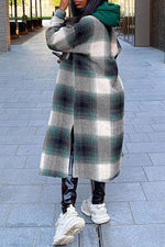 Fashion Plaid Lapel Single Breasted Pocket Artifical Wool Maxi Overcoat