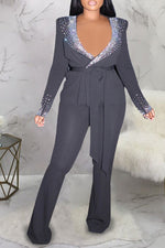 Sexy Deep V Neck Rhinestone Lace-Up Blazer Solid Color Slim Pant Suits