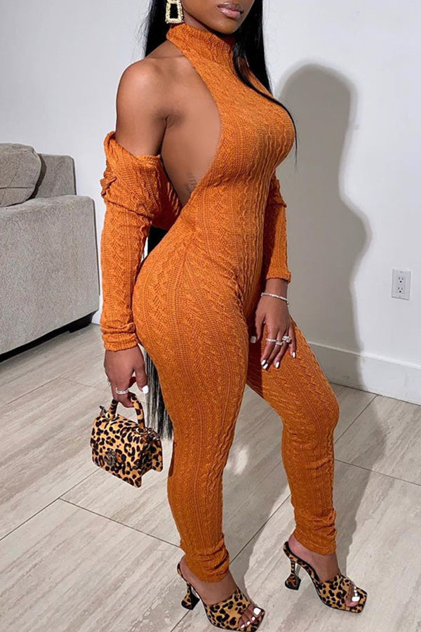 Sexy Halterneck Backless Solid Color Knitted Slim Jumpsuit Shawl Suits