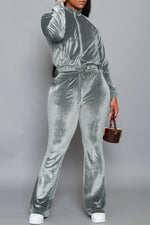 Fashion Velour Solid Color Zip Stand Collar Jacket Slim Slip Pocket Pant Suits