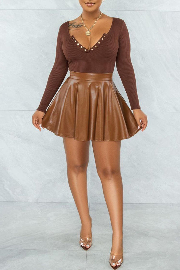 Pretty High Waist Faux Leather Solid Color A-Line Short Skirts