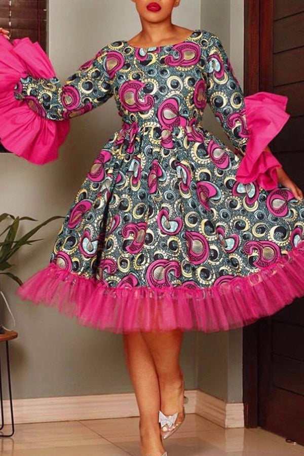 Elegant Flared Sleeve Print Ruffle Mesh Stitching A-Line Plus Size Midi Dress