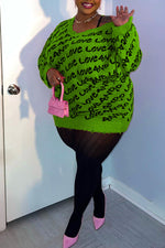 Trendy Plus Size Letter Jacquard V-Neck Frayed Midi Sweater