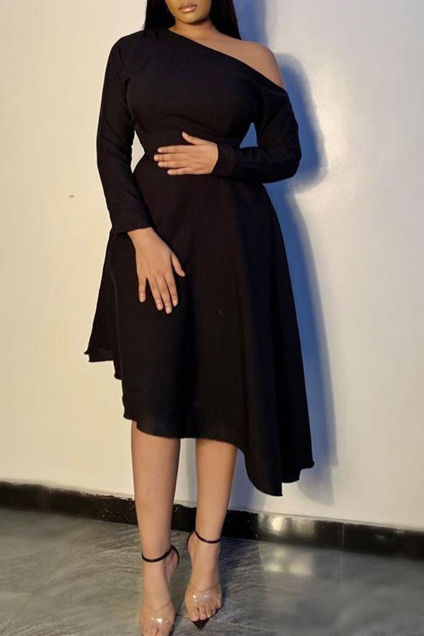 Feminine Oblique Collar Slim Irregular A-Line Midi Dress