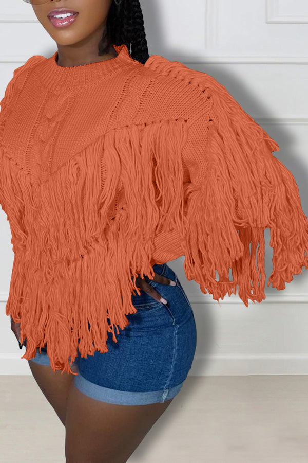 Fashion Round Neck Tassels Long Sleeve Solid Color Sweater