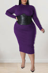 Fashion Plus Size Faux Leather Patchwork Slim Fit Round Neck Midi Dress