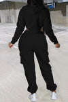 Fashion Solid Color Zip Curved Hem Short Hoodie Pocket Pant Suits