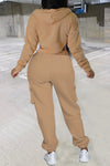 Fashion Solid Color Zip Curved Hem Short Hoodie Pocket Pant Suits