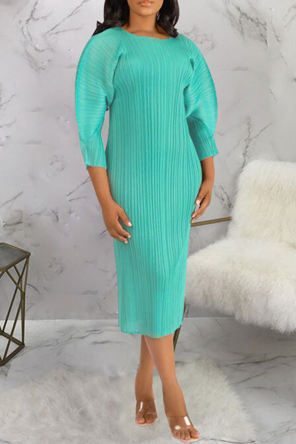 Chic Solid Color Leg-of-Mutton Sleeve Pleated Midi Dress