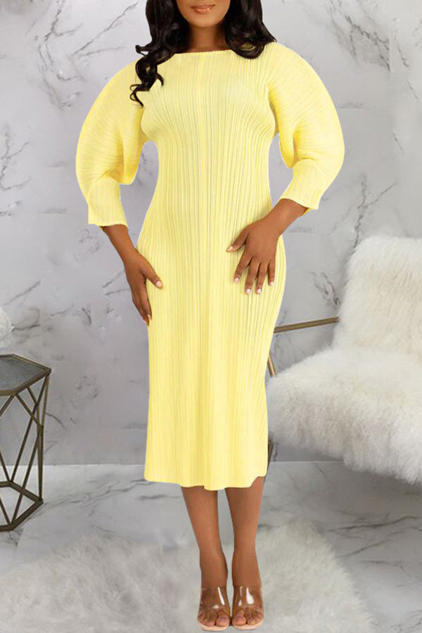 Chic Solid Color Leg-of-Mutton Sleeve Pleated Midi Dress