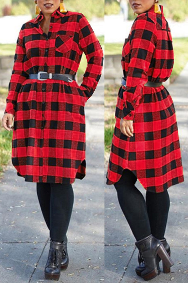 Casual Plaid Long Sleeve Single Breasted Midi Shirt Dress (Without Belt)