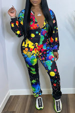 Fashion Colorful Graffiti Print Zip Hoodie High Waist Pant Suits