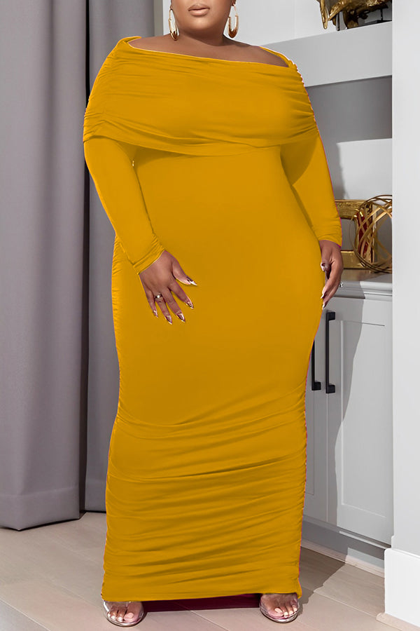 Feminine Plus Size Slash Neck Long Sleeve Smocked Maxi Dress