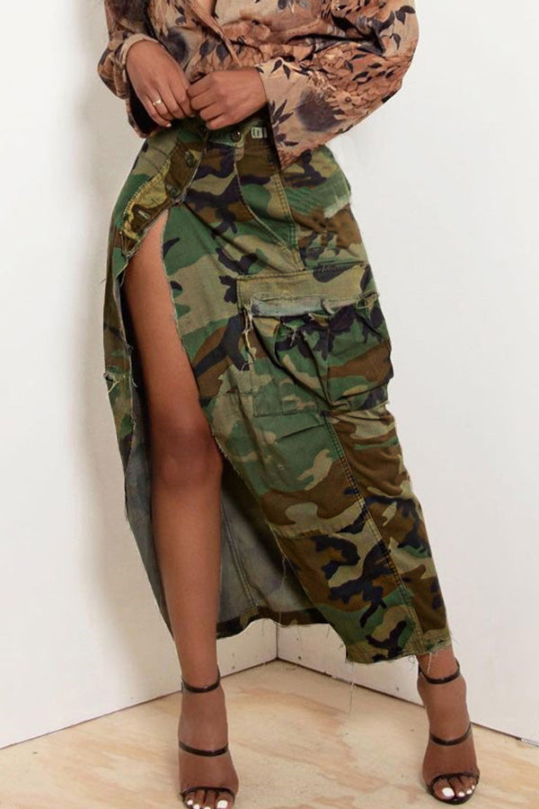 Statement Camouflage Print Pocket High Slit Long Skirt