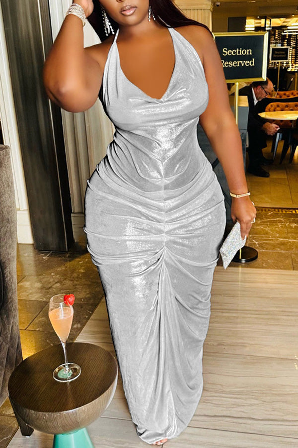 Sexy Backless Pleated Bronzing V-neck Sling Plus Size Maxi Dress
