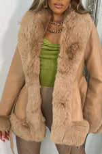 Temperament Faux Leather Stitching Faux Fur Lapel Lace-Up Coat