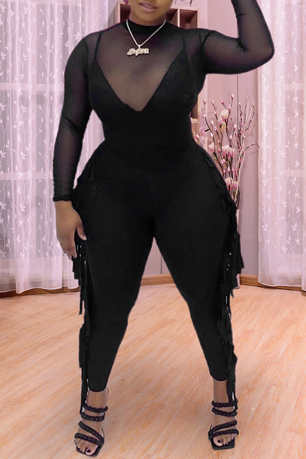 Sexy See Through Mesh Stitching Long Sleeve Tassels Slim Fit Jumpsuits