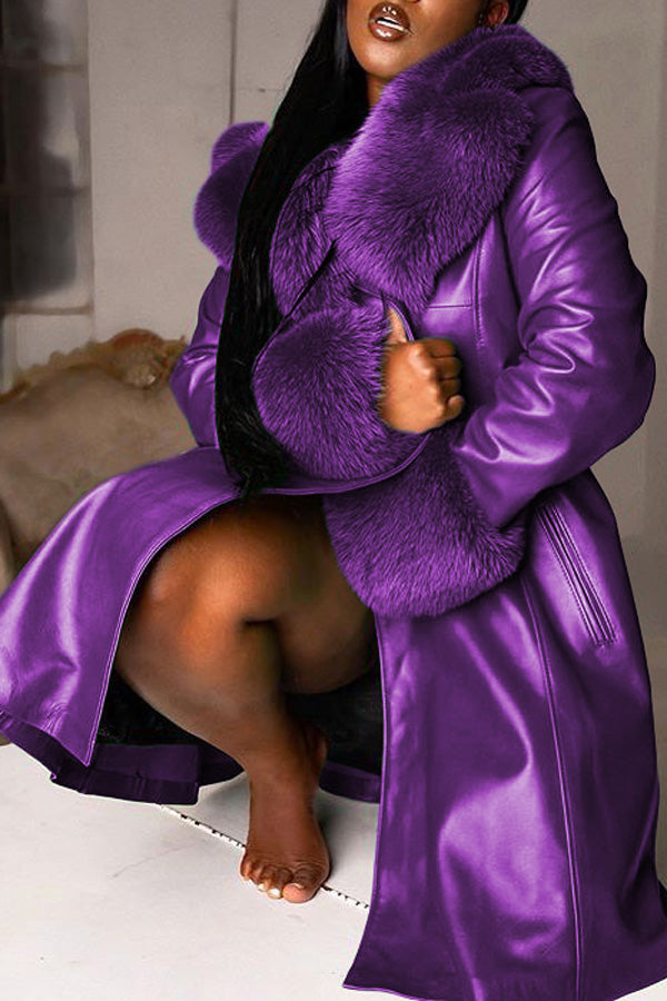 Luxurious Plus Size Faux Fur Paneled Faux Leather Lapel Long Trench Coat